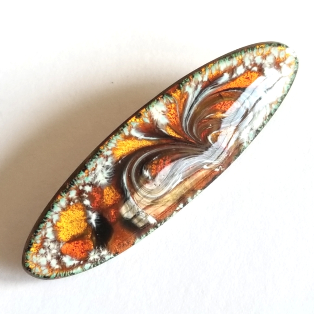 Vintage brooch enamel on copper pin long oval swirly swirled handmade